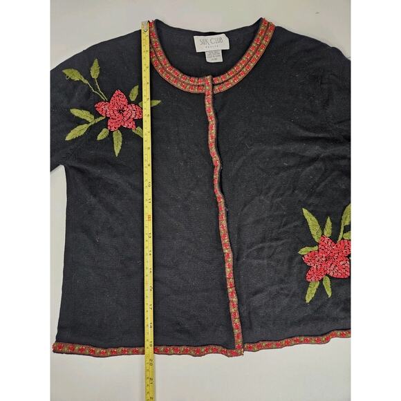 Silk Club Black Silk Cardigan Beaded Embroidered Holiday Sweater Petite Medium - Picture 4 of 7